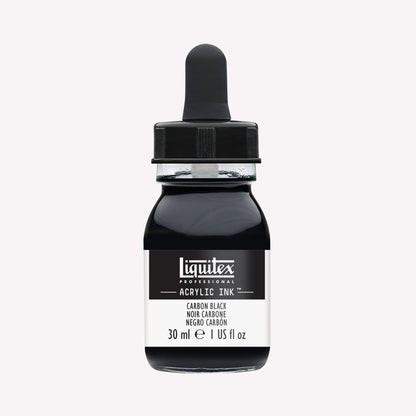 A 30ml glass jar of highly pigmented, artist-quality acrylic ink in the shade Carbon Black with a pipette lid. Made by Liquitex. 