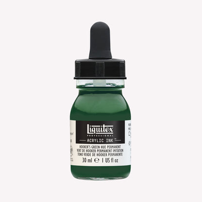 A 30ml glass jar of highly pigmented, artist-quality acrylic ink in the shade Hooker’s Green with a pipette lid. Made by Liquitex. 