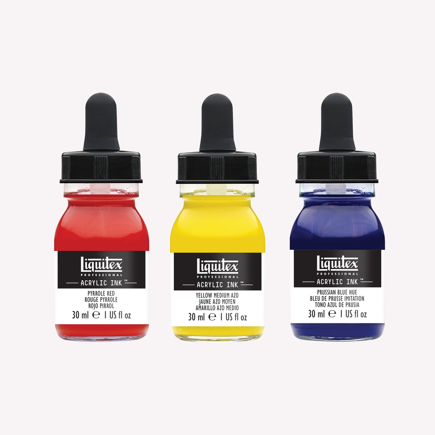 A set of three 30ml glass jars of highly pigmented, opaque acrylic inks in Pyrrole Red, Prussian Blue and Yellow Medium Azo, made by Liquitex. 