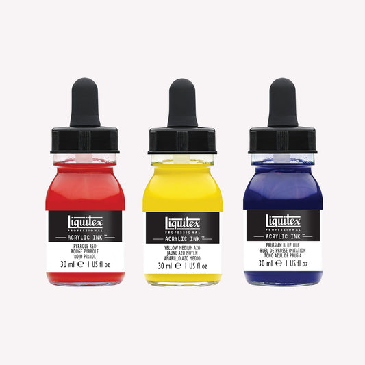 A set of three 30ml glass jars of highly pigmented, opaque acrylic inks in Pyrrole Red, Prussian Blue and Yellow Medium Azo, made by Liquitex. 