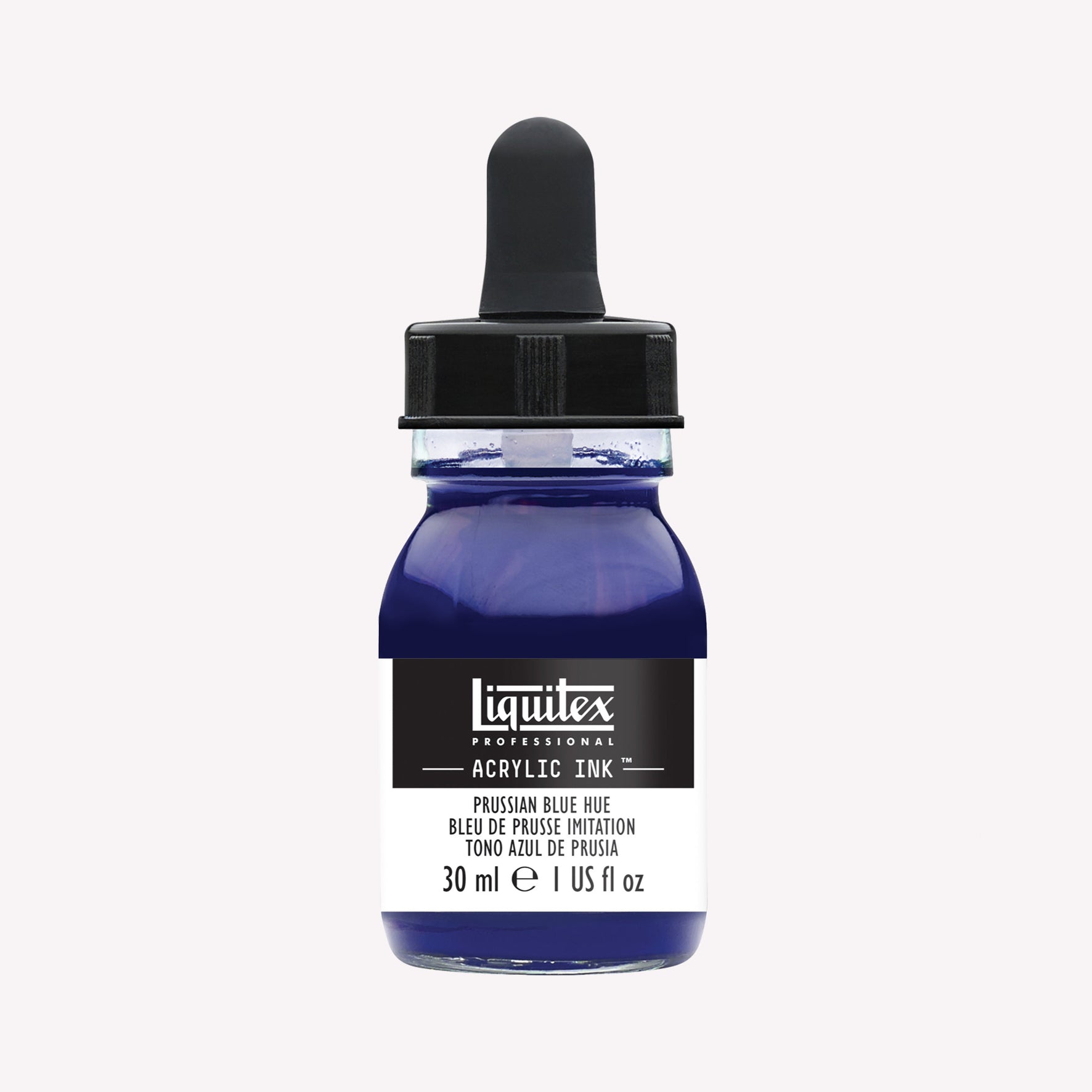 A 30ml glass jar of highly pigmented, artist-quality acrylic ink in the shade Prussian Blue with a pipette lid. Made by Liquitex. 