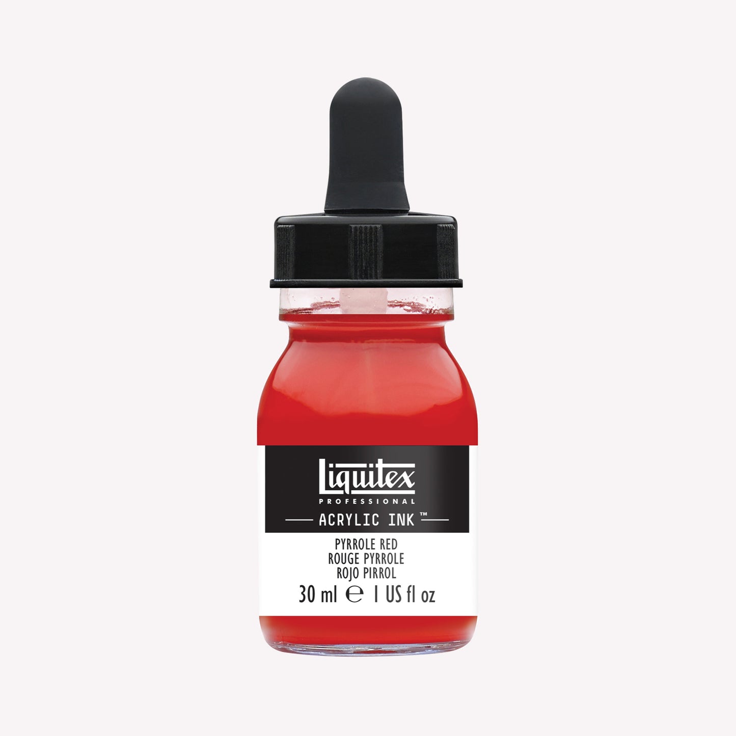 A 30ml glass jar of highly pigmented, artist-quality acrylic ink in the shade Pyrrole Red with a pipette lid. Made by Liquitex. 