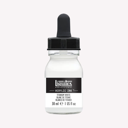 A 30ml glass jar of highly pigmented, artist-quality acrylic ink in the shade Titanium White with a pipette lid. Made by Liquitex. 