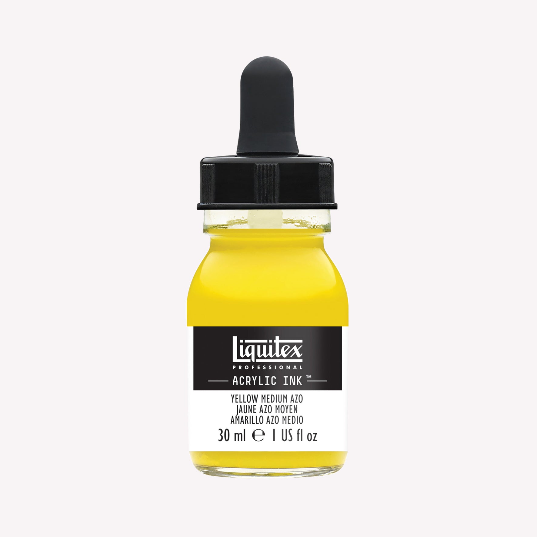 A 30ml glass jar of highly pigmented, artist-quality acrylic ink in the shade Yellow Medium Azo with a pipette lid. Made by Liquitex. 