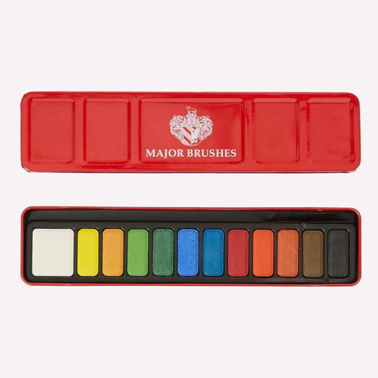 Major Brushes red watercolour tin containing 12 paint blocks in a full spectrum of colours with space to store a paintbrush. The indented lid doubles as a mixing palette. 