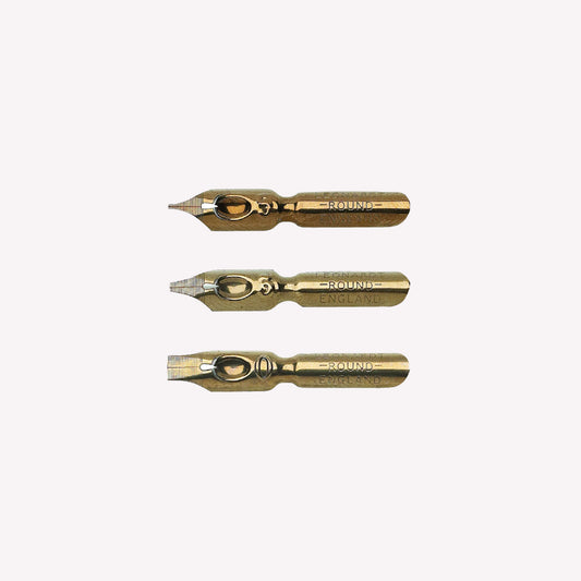 Set of 3 Traditional bronze finish calligraphy nibs, used for Roman Round Hand, Gothic and Italic writing styles in sizes 0, 3 & 5. 