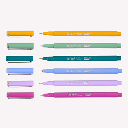Six Le Pen fineliners by Marvy Uchida in colours Mustard, Jade Green, Teal, Periwinkle Blue, Wisteria and Magenta.