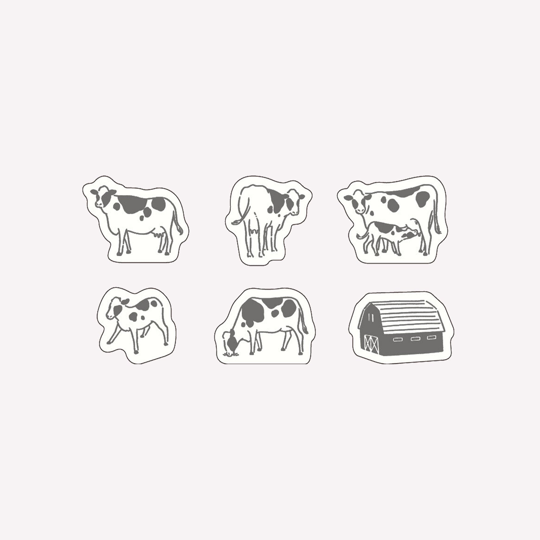 Matoka Ah La La cow themed flake washi stickers including six different designs of cows, calfs and a barn. 