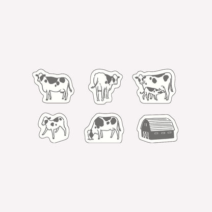 Matoka Ah La La cow themed flake washi stickers including six different designs of cows, calfs and a barn. 