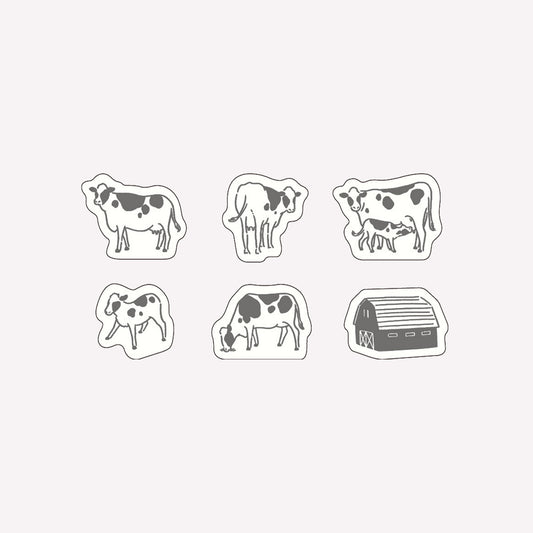 Matoka Ah La La cow themed flake washi stickers including six different designs of cows, calfs and a barn. 