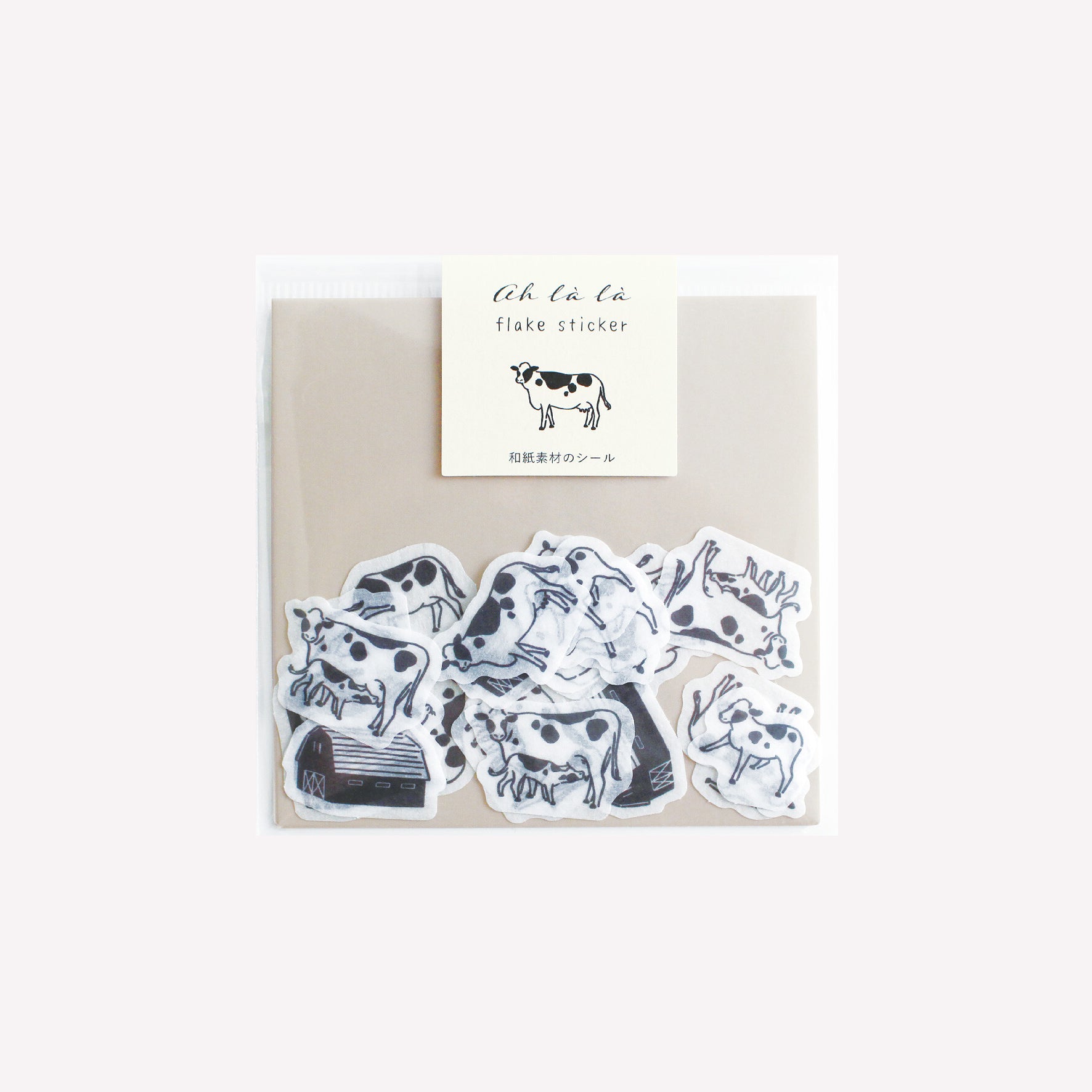 Matoka Ah La La cow themed flake washi stickers packaged in a protective plastic sleeve. 