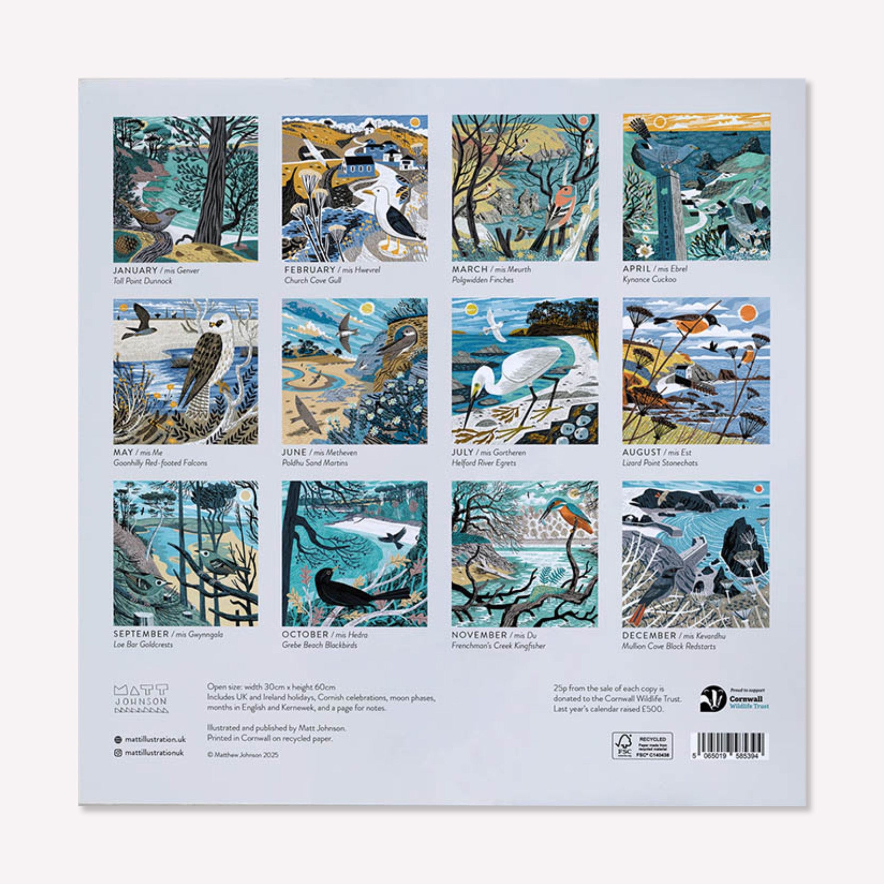 
The back of Matt Johnson's ‘Lizard & Helford Birds' Cornwall calendar for 2026. The illustration for each month is shown in a grid layout.
