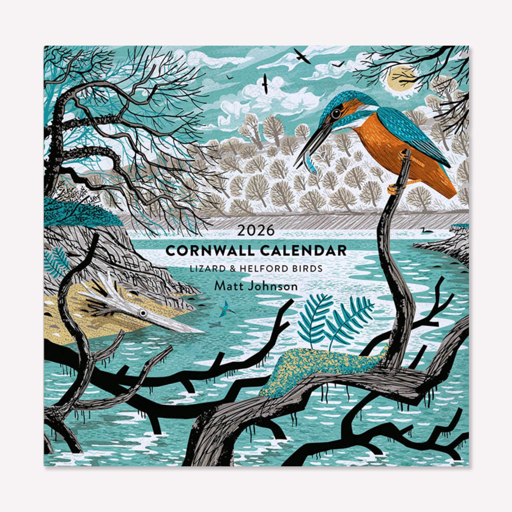 The front of Matt Johnson's ‘Lizard & Helford Birds' Cornwall calendar for 2026, with a full illustration of his Frenchman’s Creek Kingfisher artwork. 