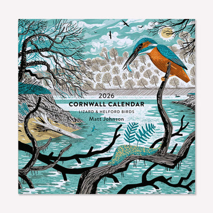 The front of Matt Johnson's ‘Lizard & Helford Birds' Cornwall calendar for 2026, with a full illustration of his Frenchman’s Creek Kingfisher artwork. 