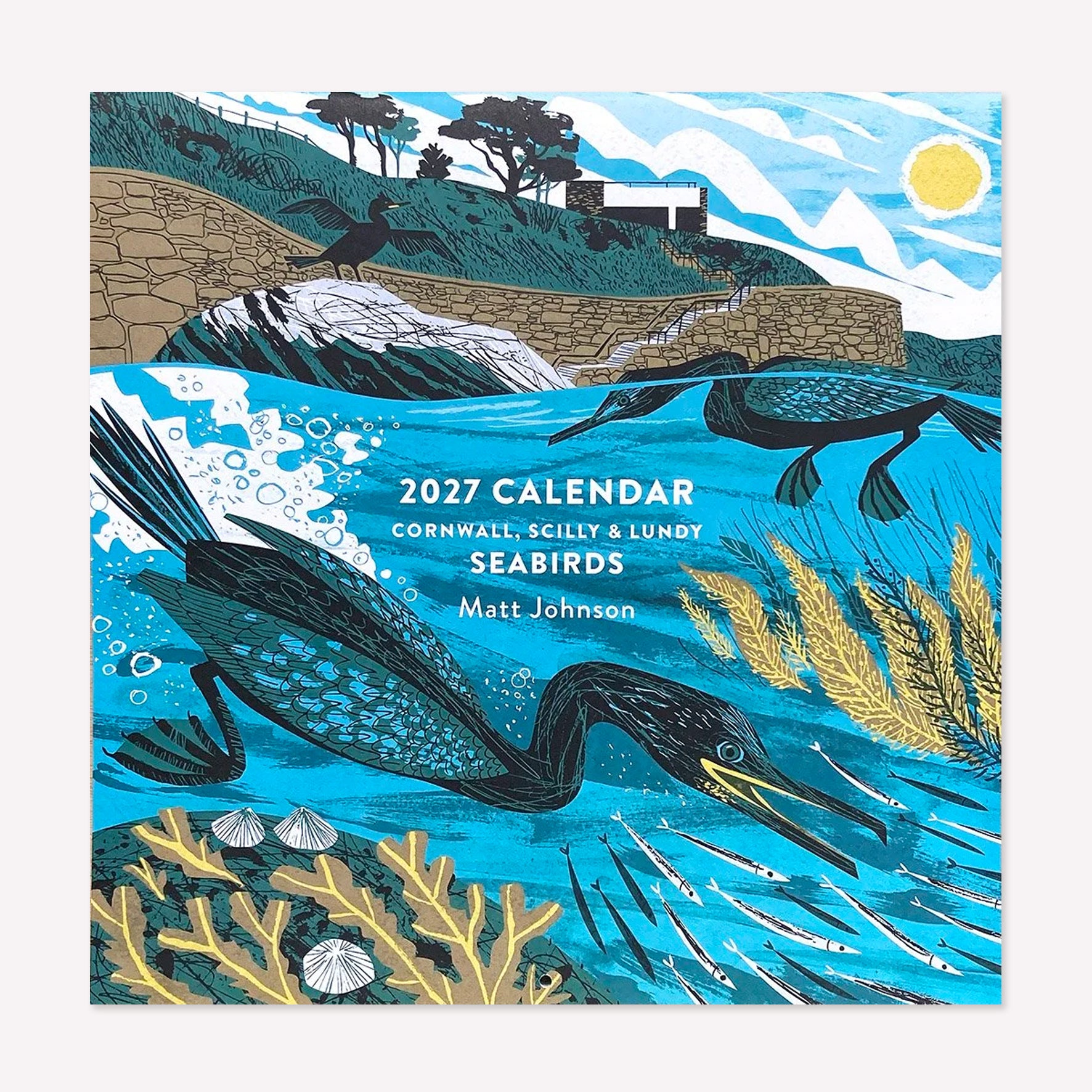 The front of Matt Johnson's Cornwall, Scilly and Lundy' Cornwall calendar for 2026, with a full illustration of his Shags at Gyllyngvase Beach. 