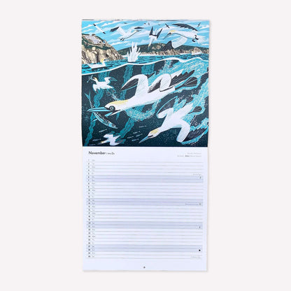 Inside Matt Johnson's ‘Cornwall, Scilly and Lundy Seabirds' Cornwall wall calendar for 2027. The calendar is opened on November, with a full illustration of Gannets diving at Porthcurno. 