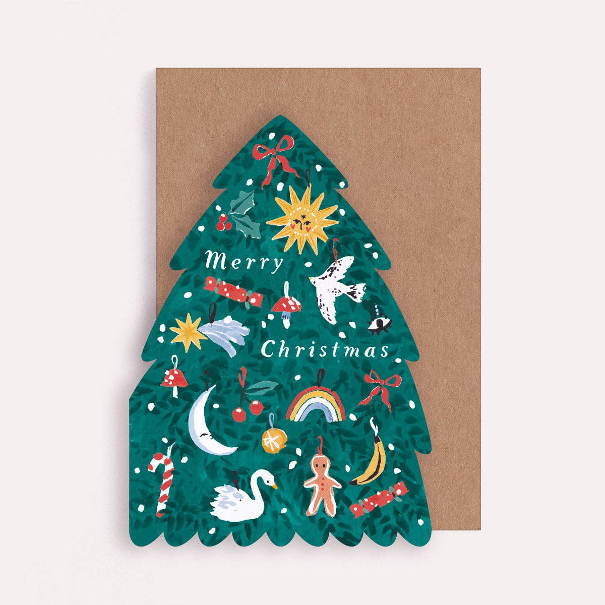 An illustrated Christmas card by Sister Paper Co in the shape of a Christmas tree, with text that reads "Merry Christmas".