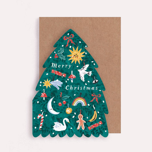 An illustrated Christmas card by Sister Paper Co in the shape of a Christmas tree, with text that reads "Merry Christmas".