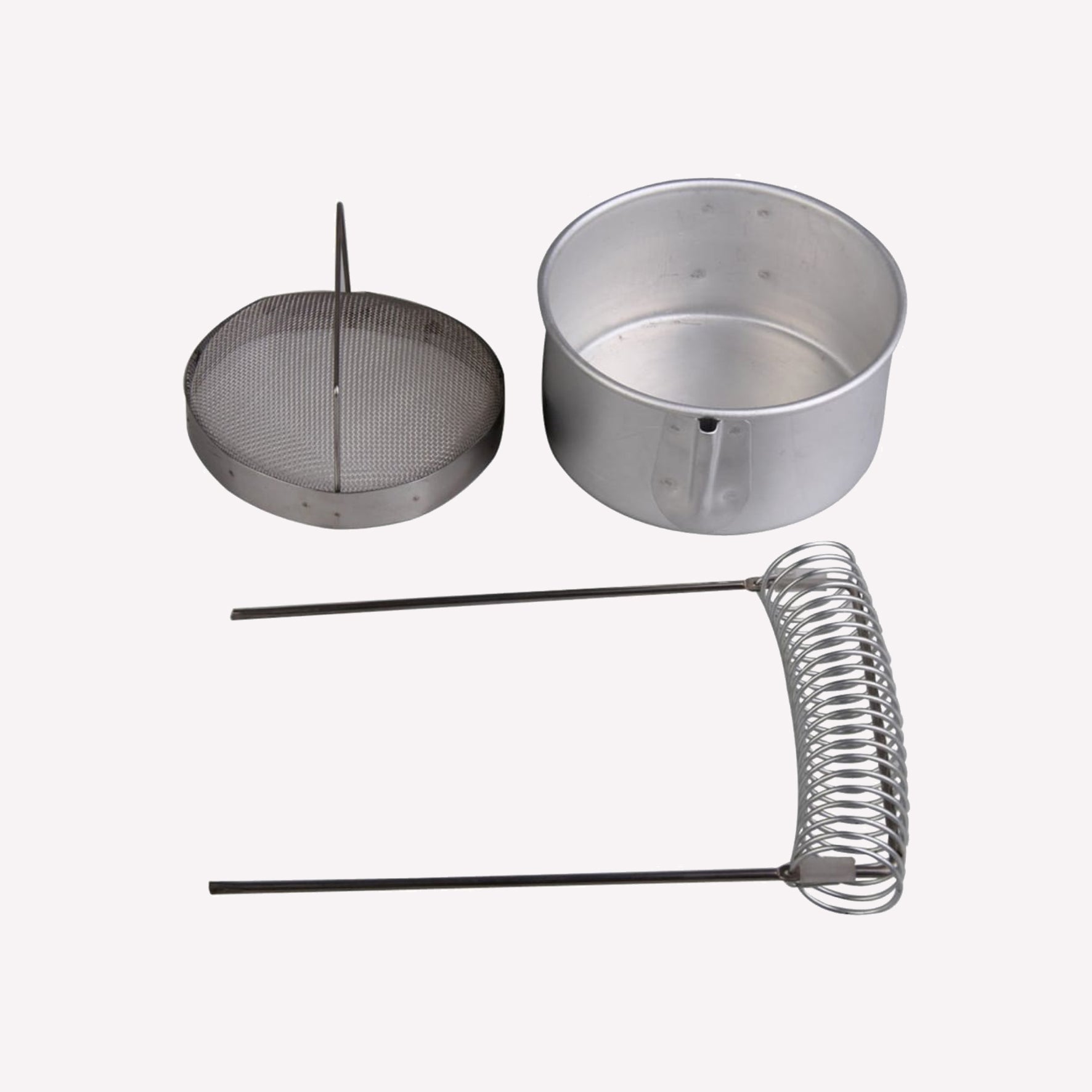 Components of a metal brush washer with a pot to hold cleaning solvent, a mesh strainer to catch paint sediment and keep solvent clean, and a spring  the pot to hold paintbrushes suspended in the solvent to prevent damage. Pot measures 10cm in diameter and 5cm deep, made from an easy to clean aluminium.. 