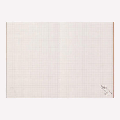 A5 size notebook with 64 pages of 5mm gridded, smooth MD paper. Each page features a cute cat design in the corner. Made by Midori. 