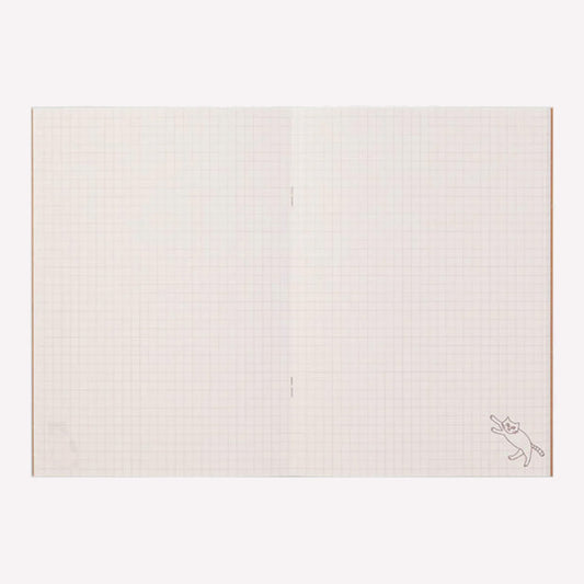 A5 size notebook with 64 pages of 5mm gridded, smooth MD paper. Each page features a cute cat design in the corner. Made by Midori. 
