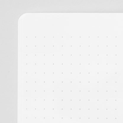 Inside corner of a page of the midori soft cover stapled notebook. Pages are white with a subtle dot grid (5mm spacing). 