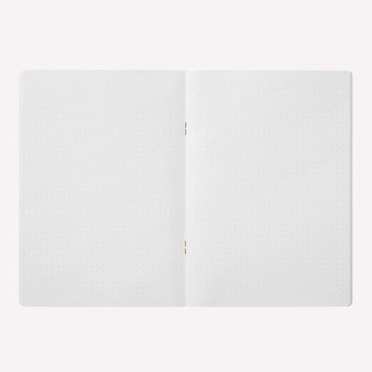 Inside the Midori soft cover stapled notebook. Dot grid pages are white with a 5mm spacing. 