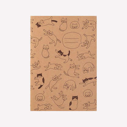 Kraft cover A5 notebook with a hand drawn pattern of cats sleeping, stretching and curled up. Made by Midori. 