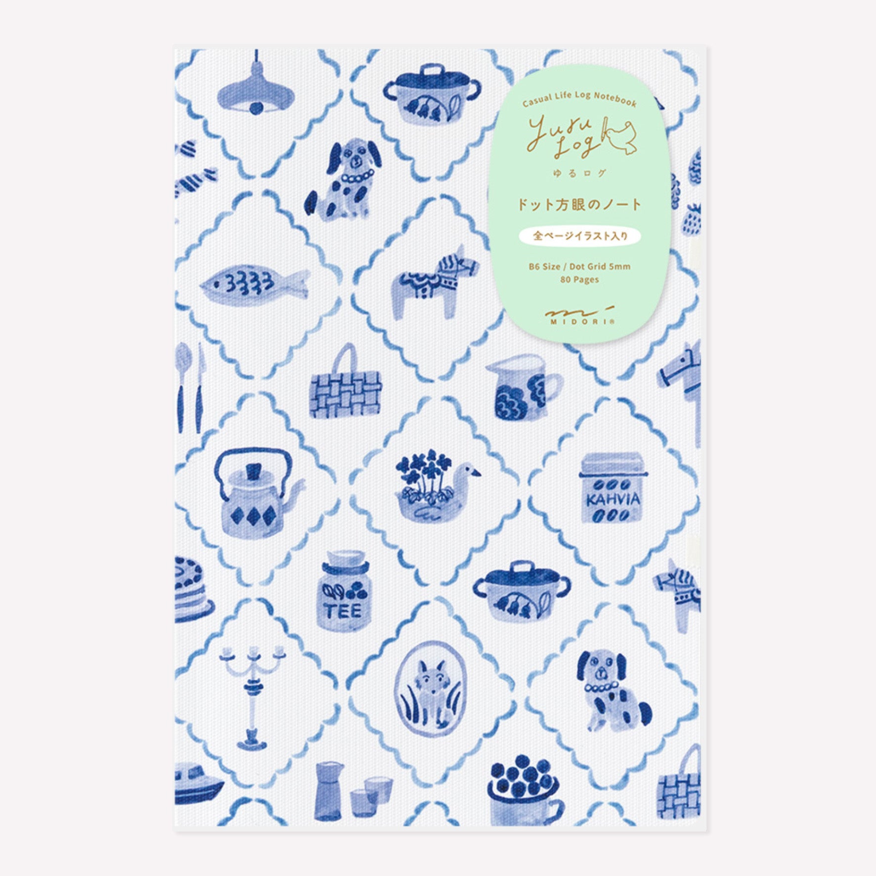 Midori Yuru Log Blue Nordic B6 Notebook featuring a front cover illustrated with blue and white scandinavian inspired pattern.
