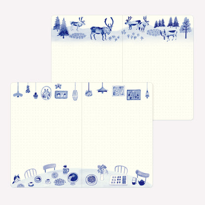 Inside the Midori Blue Nordic Yuru Log. Dot grid pages feature decorative borders with illustrated scenes including a forest with reindeers and an illustrated dining table. 