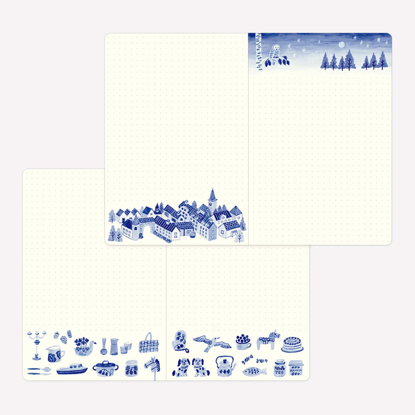 Inside the Midori Blue Nordic Yuru Log. Dot grid pages feature decorative borders with illustrated scenes a scandinavian town, a forest night sky and brush pen style homeware items. 