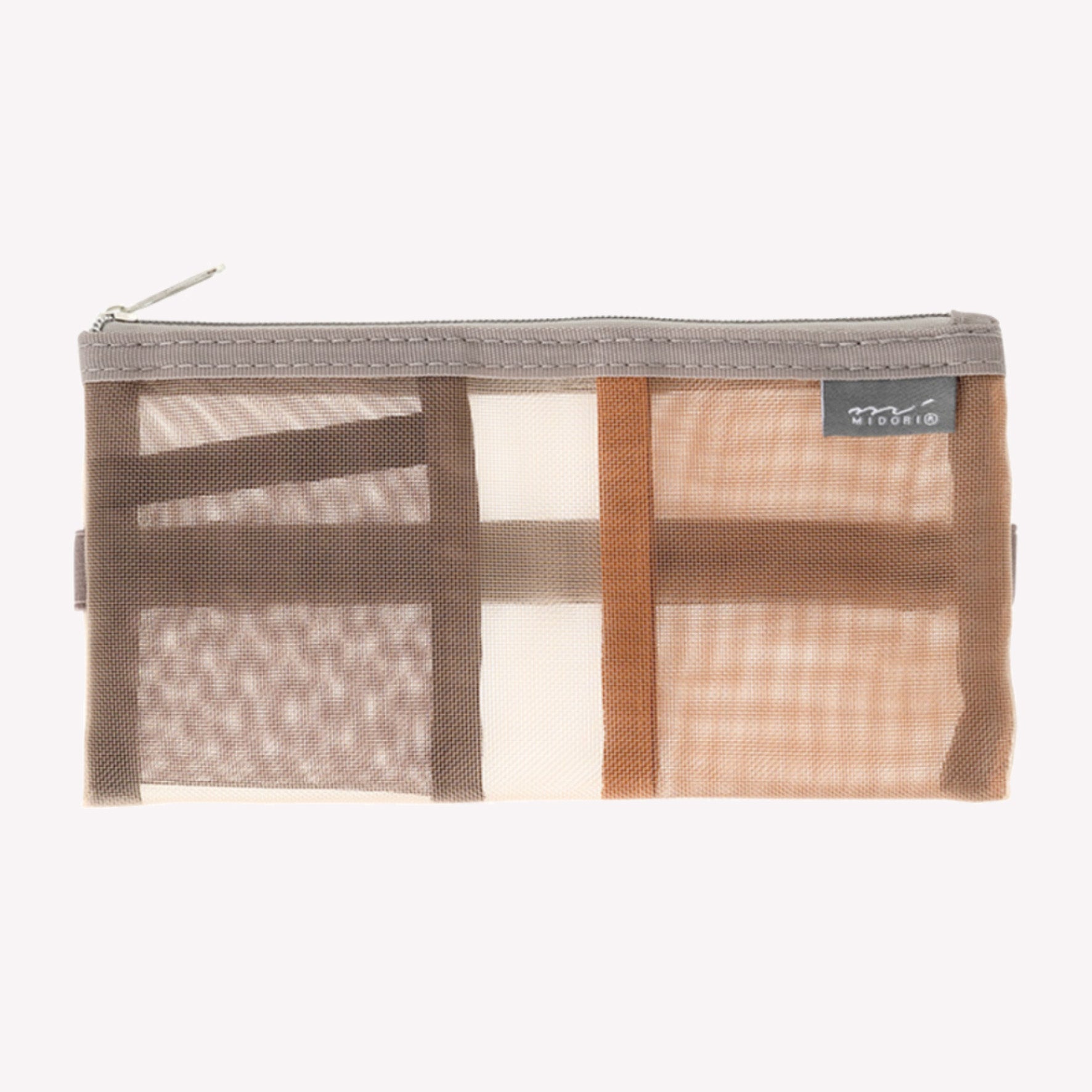 Midori rectangular mesh zip pouch book band pencil case with mini brown pockets to store essential stationery. 
