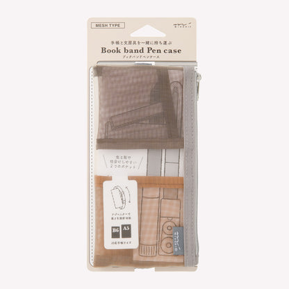 A packaged mesh book band pen case with mini brown pockets to keep essential stationery. 