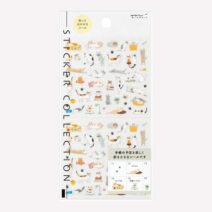 Midori cat themed sticker sheet with hand drawn designs of cats playing and sleeping, printed on a clear paper for easy placement. 
