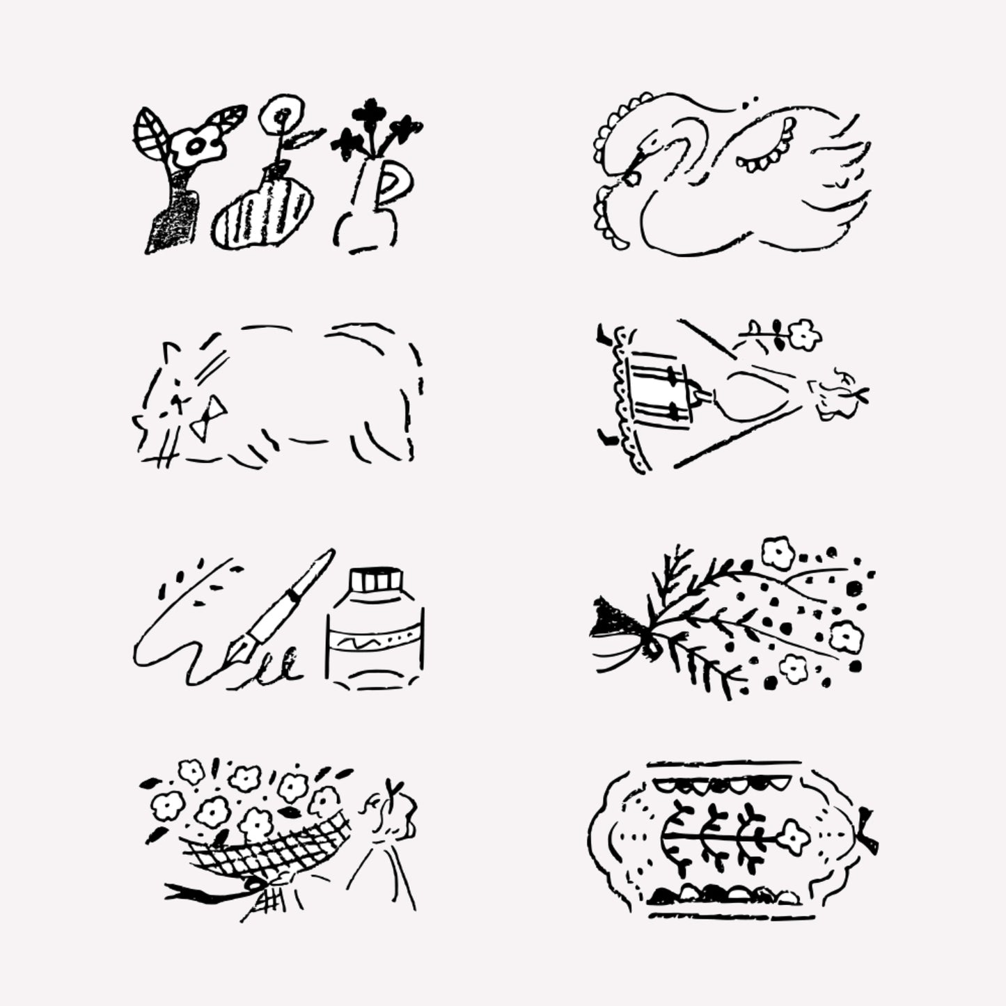 8 illustrated antique style designs of cats and flowers included in midori's "antique" rotating ink stamp. 