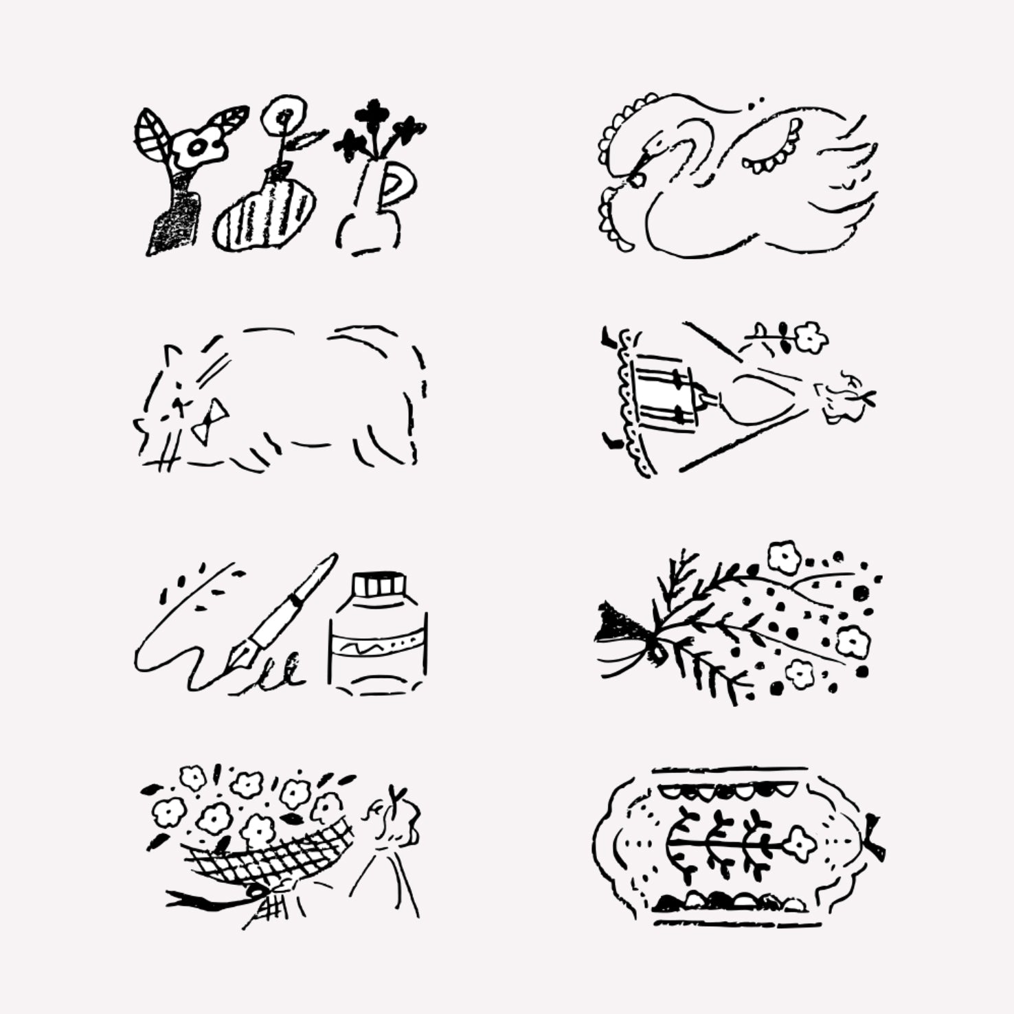 8 illustrated antique style designs of cats and flowers included in midori's "antique" rotating ink stamp. 