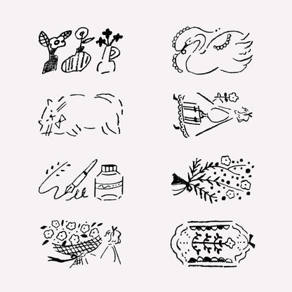 8 illustrated antique style designs of cats and flowers included in midori's "antique" rotating ink stamp. 