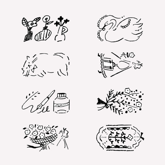 8 illustrated antique style designs of cats and flowers included in midori's "antique" rotating ink stamp. 