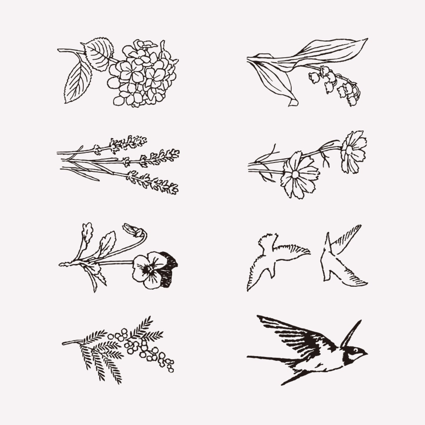 8 illustrated antique style designs of birds and floral designsand flowers included in midori's "Bird and Flower" rotating ink stamp. 