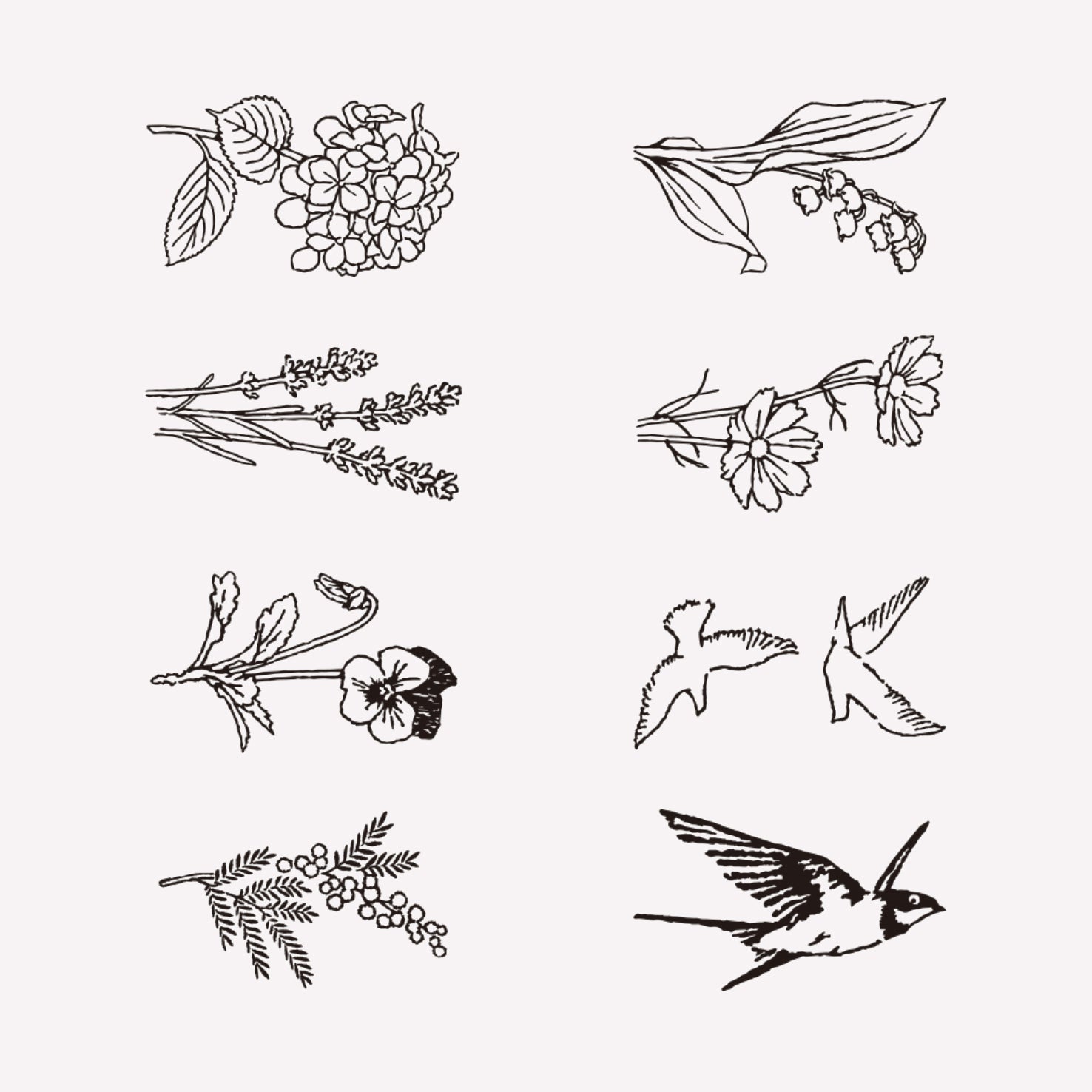 8 illustrated antique style designs of birds and floral designsand flowers included in midori's "Bird and Flower" rotating ink stamp. 