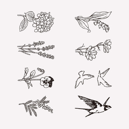 8 illustrated antique style designs of birds and floral designsand flowers included in midori's "Bird and Flower" rotating ink stamp. 
