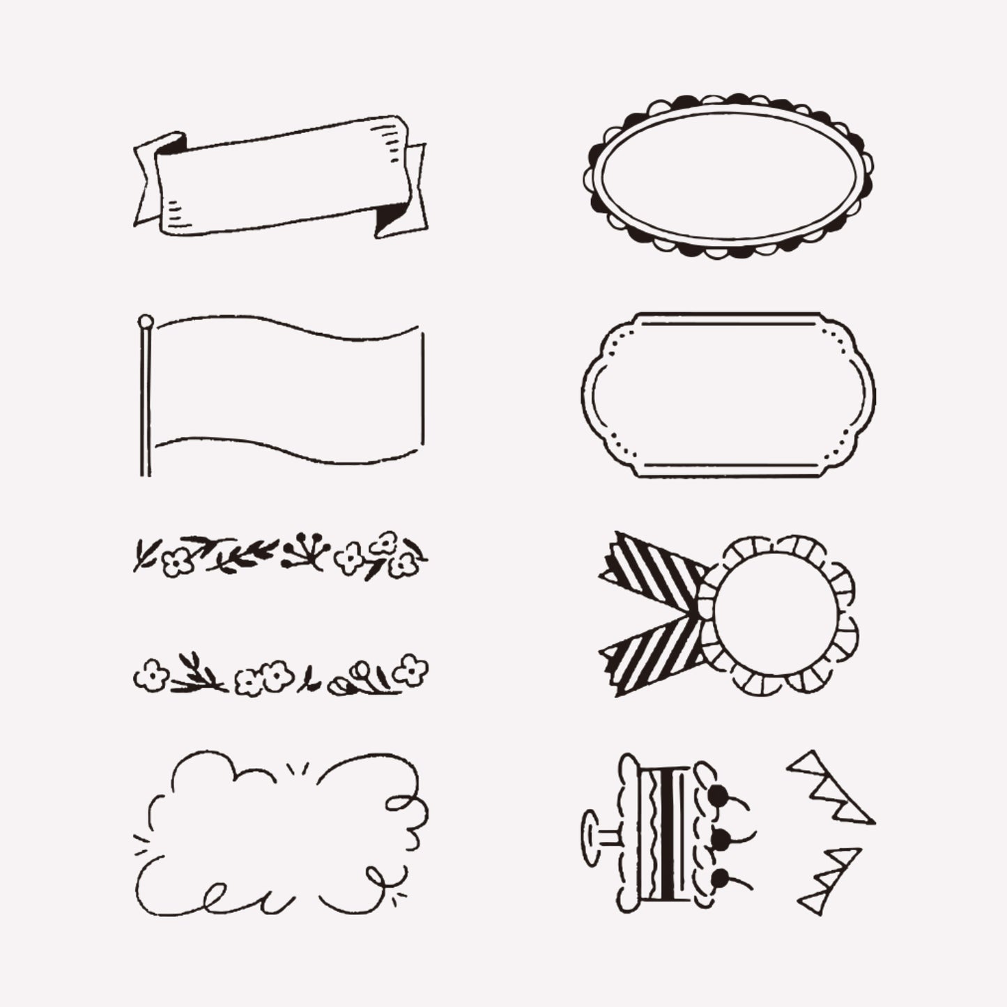 8 illustrated decorative frame stamps included in midori's "Decoration" rotating ink stamp. 