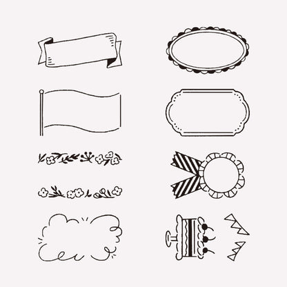 8 illustrated decorative frame stamps included in midori's "Decoration" rotating ink stamp. 