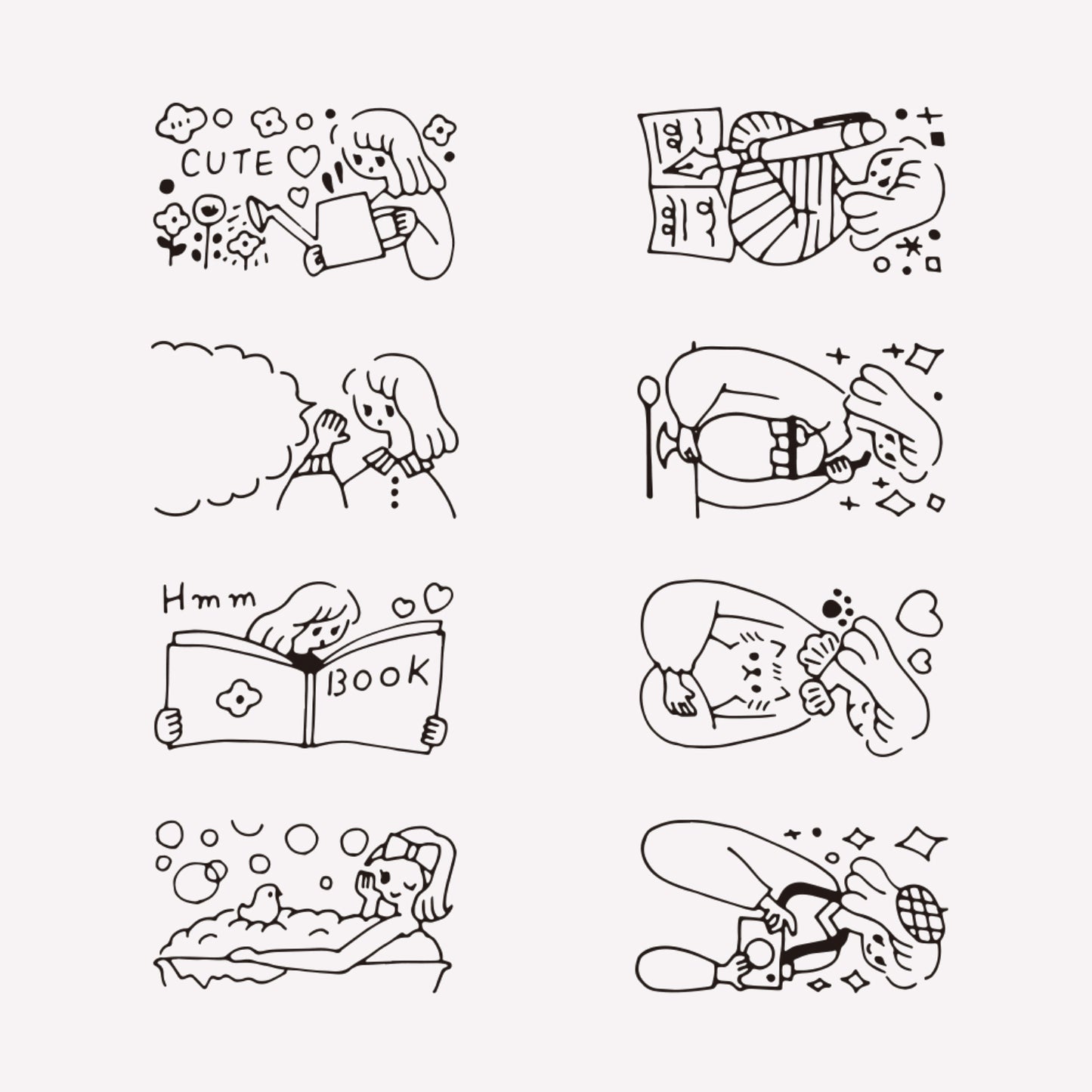 8 illustrated designs of a girl doing various hobbies including journalling, reading, taking photos and gardening, all included in midori's journal girl "Life" rotating ink stamp. 
