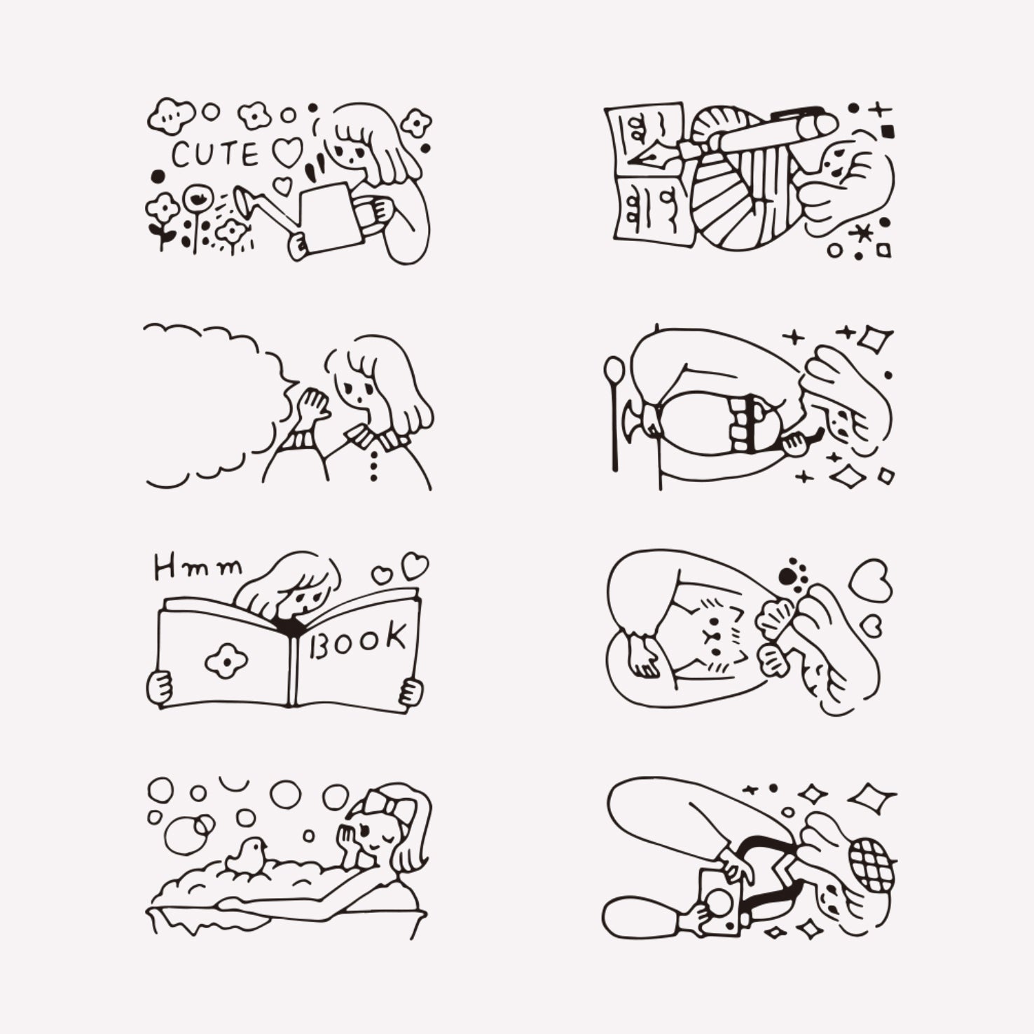 8 illustrated designs of a girl doing various hobbies including journalling, reading, taking photos and gardening, all included in midori's journal girl "Life" rotating ink stamp. 