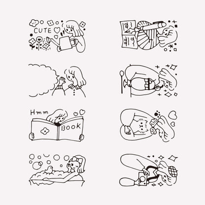 8 illustrated designs of a girl doing various hobbies including journalling, reading, taking photos and gardening, all included in midori's journal girl "Life" rotating ink stamp. 