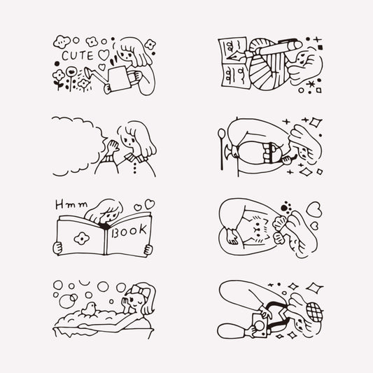 8 illustrated designs of a girl doing various hobbies including journalling, reading, taking photos and gardening, all included in midori's journal girl "Life" rotating ink stamp. 