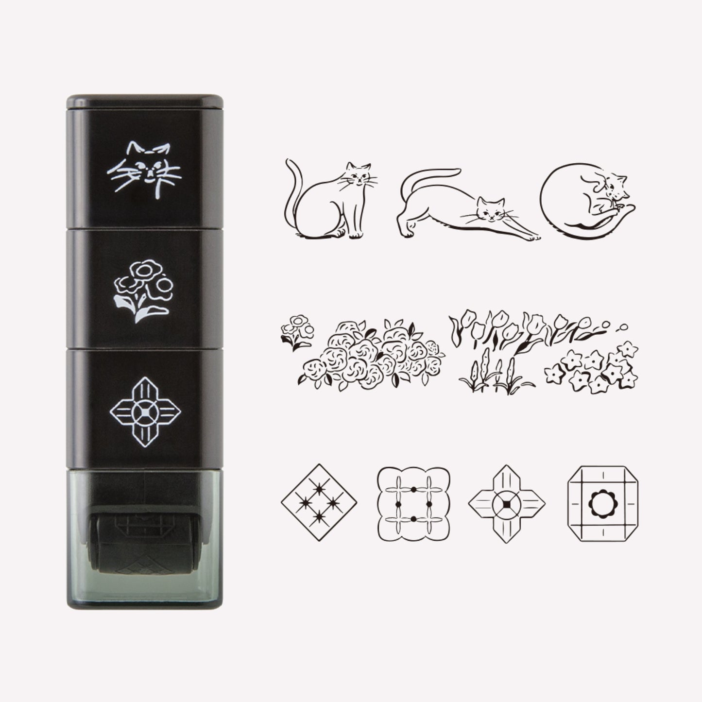 Set of 3 Midori paintable ink roller stamp, featuring dog, floral and building skyline designs. 