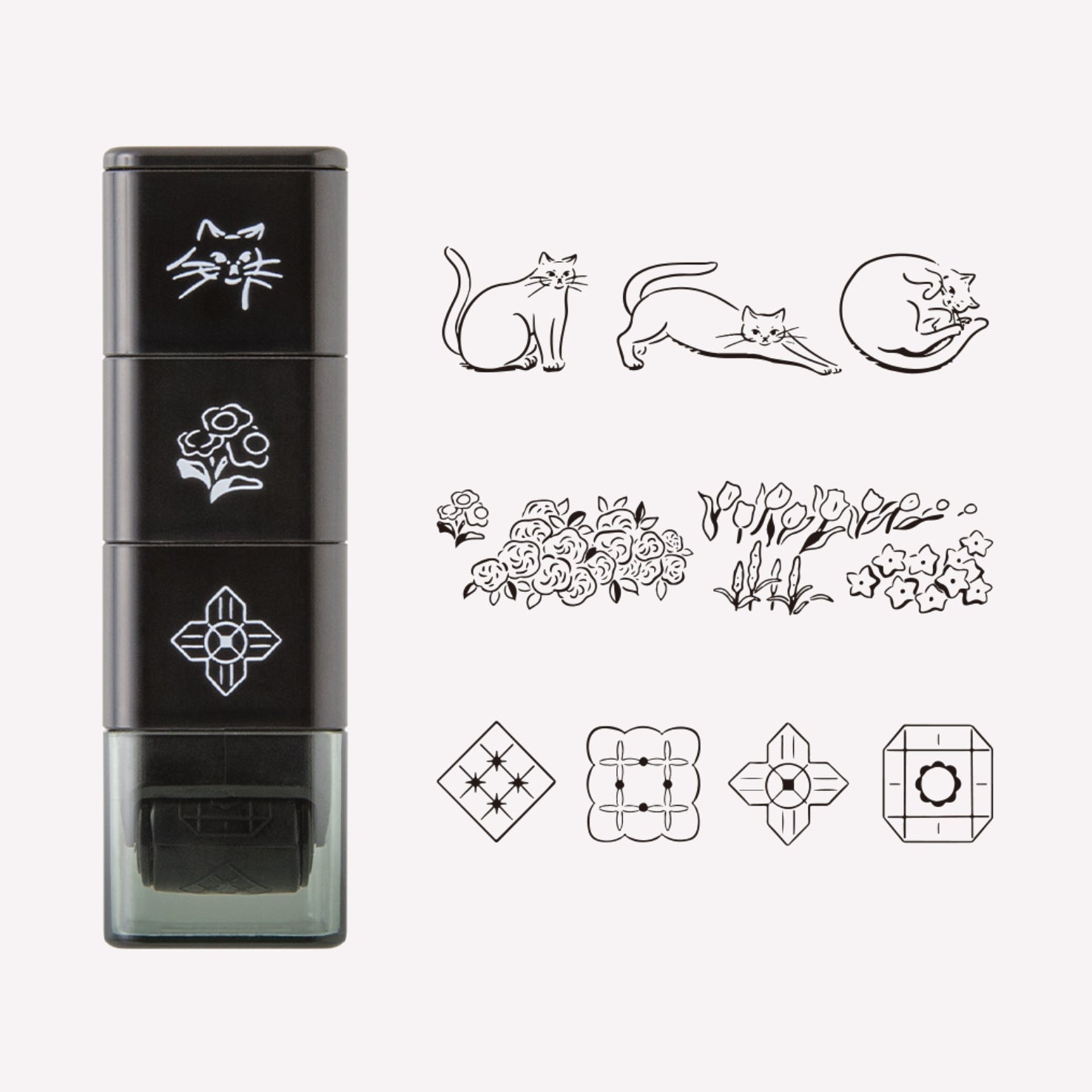 Set of 3 Midori paintable ink roller stamp, featuring dog, floral and building skyline designs. 