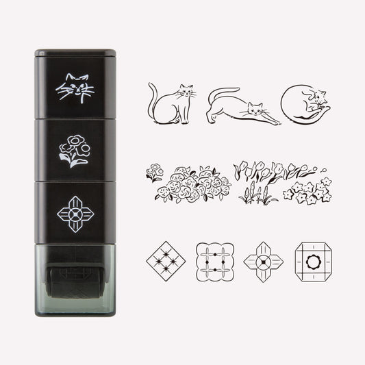 Set of 3 Midori paintable ink roller stamp, featuring dog, floral and building skyline designs. 